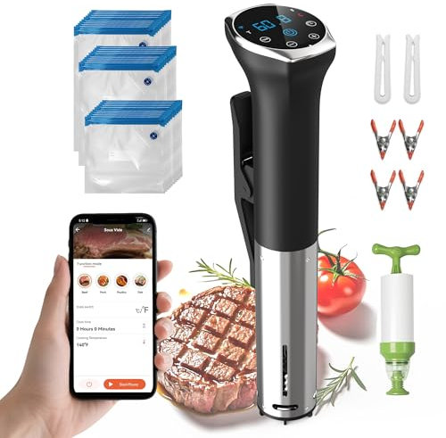 Karinear Sous Vide Garer Stick con juego de bolsas al vacío | Control mediante aplicación | WIFI (2,4 G) | 1400 W Sous-Vide Stick | 10-90 °C, temporizador de 1-99 min | Circulación de 360°