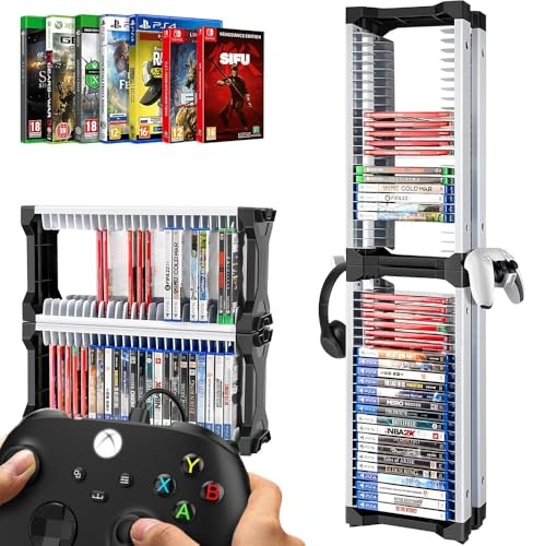 Niciksty Torre de Almacenamiento de Juegos para PS5/ Xbox Series S & X/Switch, juegos Switch y Discos Blu-ray con Capacidad para 46 Discos de Juegos, Incluidos 2 Soportes para Auriculares