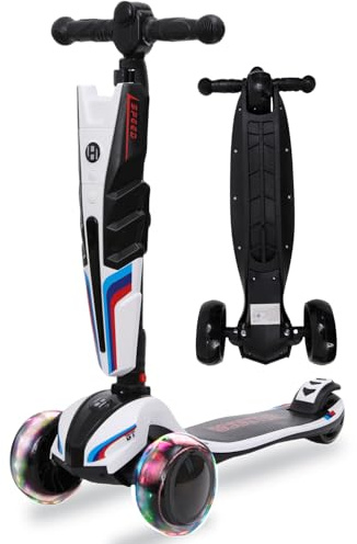 Patinete Infantil con Luces LED, 3 Ruedas, Plegable, Altura Ajustable, para niñas y niños, 3 – 12 años, hasta 100 kg, Color Blanco