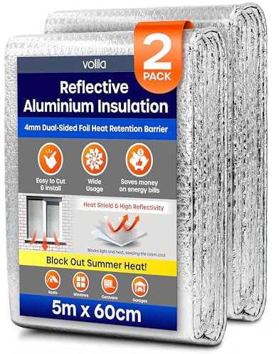 Foil Insulation Roll – 2 Pack (5m x 60cm) - Thermal Insulation Foil for Floor, Roof, Wall & Ceiling - Heat Retention Barrier for Attics, Lofts, Garages, Sheds, Greenhouses, Boats & Pet Homes