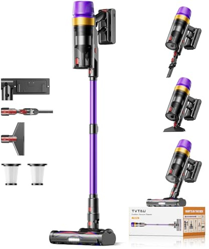 TVTAU Akku Staubsauger Kabellos für Tierhaare, 1,8L mit Display, 55000Pa/620W/75Min Akkusauger, Selbststehender Stielstaubsauger mit Anti-Tangle-Bürste & Wandladestation, für Teppiche/Hartböden/Auto