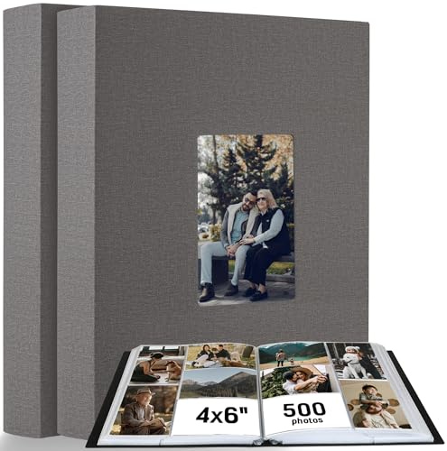 DOLLFIO Photo Album 4x6 500 Pockets 2pcs, Large Capacity Picture Book for Photos with Front Window, Leather Cover Photo Album Book for Family Baby Kids Wedding Travel Birthday Pictures, Grey