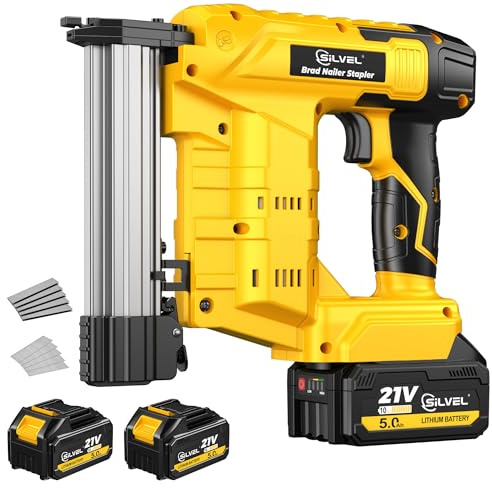 SILVEL 21V Cordless Nail Gun, 2-in-1 Electric Brad Nailer Stapler Gun with 2 * 5.0Ah Battery Powered, 1000pcs Nails, 18GA Staples,for Woodworking, Home Improvement,Carpentry, DIY Project Yellow