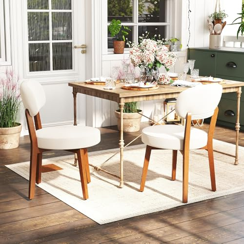 Ckaff Lot de 2 Chaises de Salle à Manger, Chaises de Cuisine en Lin, Fauteuil Salon Rembourrée avec Cadre en Bois Massif pour Salle à Manger Salon Cuisine Jardin, Beige