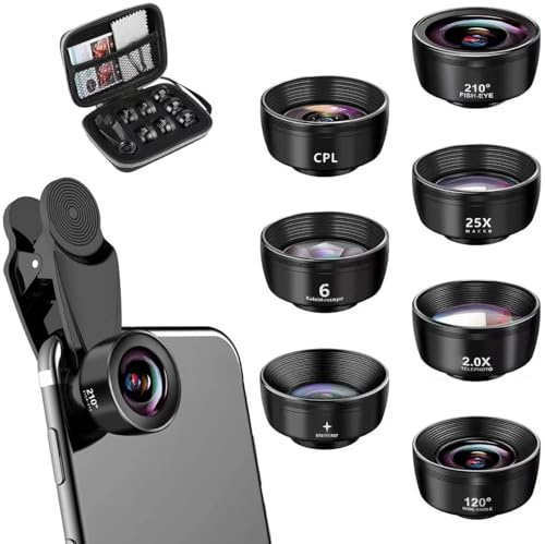 Textiluxe 7 en 1 Objectif Macro Smartphone, Objectif Fisheye 210° + Grand Angle 120° + Objectif Macro (25x) + Téléphoto, Kaléidoscope, Filtre CPL/Star pour Smartphone (Black)