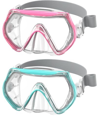 Lot de 2 paires de lunettes de natation pour enfants de 6 à 14 ans, masque de plongée avec tuba et masque de plongée en verre trempé, vue panoramique à 180°, anti-buée