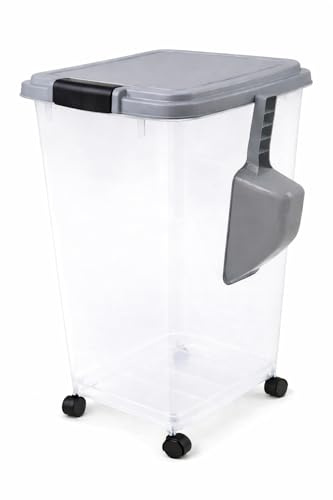 raxter Pet Food Storage Container, 40L (15KG), Airtight Flip-Top Locking Lid, Transparent Plastic, with Wheels and Scoop, for Dog, Cat and Bird Food (Grey)
