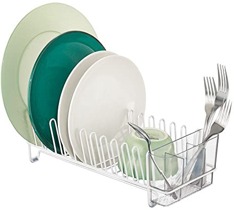 mDesign Kitchen Sink Dish Drainer – Small Metal and Plastic Dish Rack for Kitchen Sink – Dish Drying Rack with Drip Tray for Plates and Cutlery Basket – White/Clear