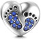 Fußabdruck-Charm, 925er-Sterlingsilber, Herz, Babyfuß-Charm, Geburtstags-Charm, Geburtsstein-Charm, Herz, Charm-Anhänger für Pandora-Charm-Armband (blau)