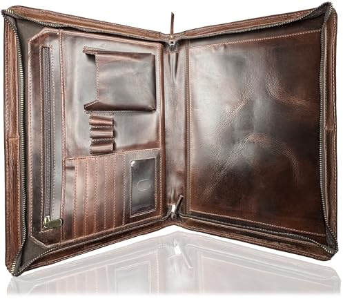 Rustic Town Leder Schreibmappe Konferenzmappe A4 mit Reißverschluss - Arbeitsmappe Aktenmappe Dokumentenmappe - Folio Organizer für Herren Damen