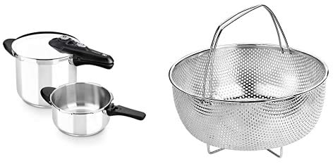 BRA Olla, Metal, Plata, 4 y 7 litros + Cestillo multiusos de acero inoxidable para una cocina al vapor.
