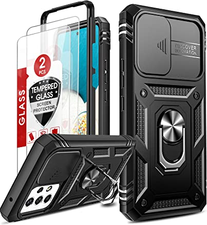 LeYi Samsung A53 5G Case Camera Slider and 2 Tempered Glass Screen Protector,Samsung Galaxy A53 Case Ring Holder 360° Full Body Protective Heavy Duty Shockproof Rugged Hard Armour Phone Cover Black