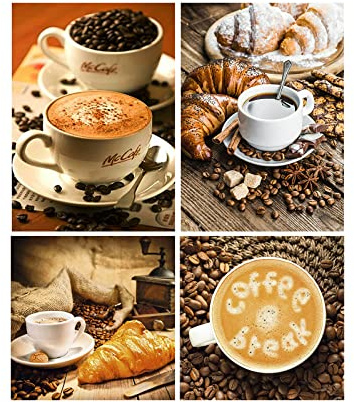 SHEGZHUC 4 Pack Painting Diamond 5D Caffè 30 x 40 cm Diamond Painting Tazze di Caffè Pausa Caffè Diamond Puzzle Painting Diamond 5D Caffe Pittura Diamante Pane Decorazioni Murali Cucina Colazione