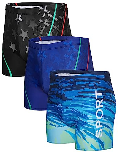 KANAV 3 Pack Men's Athletic Square Leg Swimsuit Jammers Durable Compression Swim Briefs Training Bathing Swimming Shorts