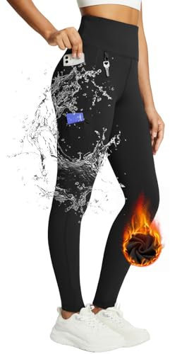 baleaf Damen Fleece gefütterte Leggings Wasserabweisend Hohe Taille Wanderleggings Thermo Leggings Fahrradhose Laufhose mit Reißverschlusstaschen Schwarz L