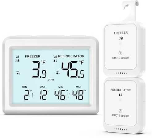 ORIA Termometro da Frigorifero, Termometro Digitale da Congelatore con 2 Sensori Wireless, Termometro da Frigorifero con Allarme con Display LCD, ℃/℉, Min/Max, 2 Opzioni di Montaggio per Casa