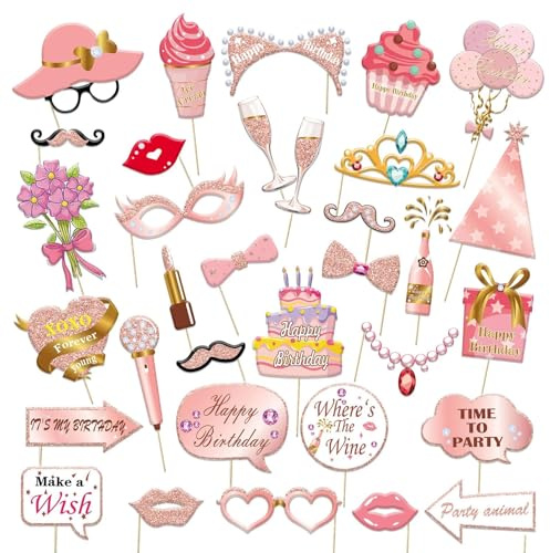 Zamety 33 Pcs Photo Booth Props, Rose Gold Photo Booth Props Birthday | Suitable for Use in Photobooth, Birthday Party, Holiday Party Supplies Theme