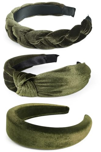 BOOMTOP 3 Stück Samt Haarreif Dirndl Trachten Haarschmuck Geflochten Stirnband Breit Haarband Gepolsterte Haarreifen mit Knoten Vintage Kopfband für Damen und Mädchen Karneval Mottoparty Grün