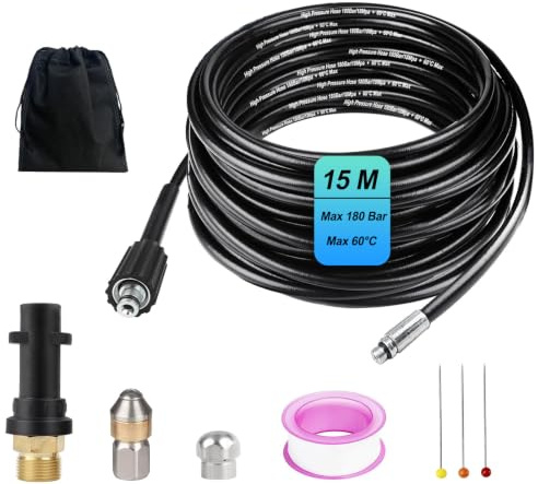 Rohrreinigungsschlauch 15 M, Rohrreinigungs Set Kompatibel mit Kärhcer, Hochdruckreiniger universal Rohrreinigungsset 180 Bar 60°C mit 1 Adapter und 2 Rohrreinigungsdüse für Hochdruckreinigern K2-K7