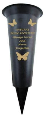 Memorial Grave Vases Ornaments Plastic Flower Holders - Butterfly Spike Grave Flower Vase Holders with Funeral Verses for Your Loved Ones - Black (Mum & DaD)