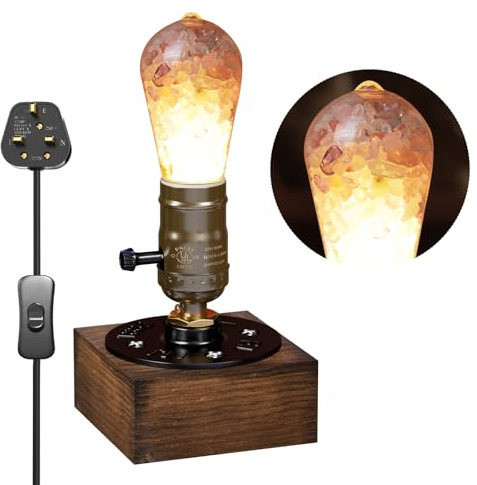 Lustaled E27 Vintage Table Lamp, Wooden Industrial Edison Desk Lamp with UK Plug, ON-Off Switch, Rustic Bedside Lamps for Cafe Bar Bedroom Living Dining Room Decoration (5W E27 LED Bulb Included)