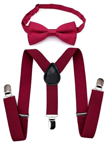 JZK Weinrot Kinder-Fliege und Hosenträger-Set für Jungen unter 135 cm, verstellbare Y-förmige Dunkelrot Hosenträger mit Fliege für kleine Jungen für Hochzeit, Party, Verkleidung