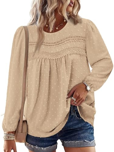 CHICZONE Women's Long Sleeve Chiffon Blouses Crew Neck Lace Hem Tunic Tops for Leggings Casual T-Shirts