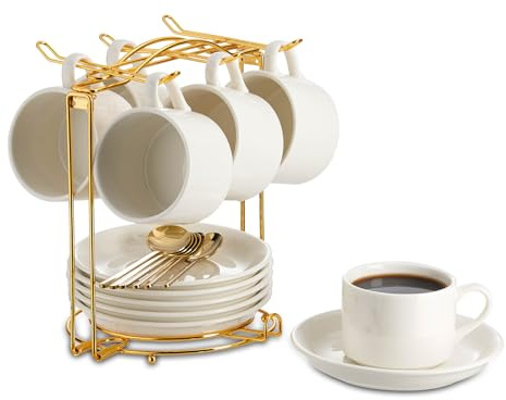 YOLIFE Espresso Cups with Saucers Set and Gold Metal Stand, 4oz Coffee Espresso Cups Set of 6, Ceramic Expresso Shots Cup with Stand & Saucers for Latte, Americano, Tea, Hot Drinks, White