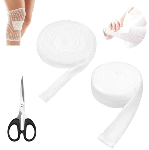 Bendaggio Tubolare Elastico 2 Pezzi – Bandaggio a Rete Respirante per Braccio e Gamba – Riutilizzabile, Comodo e Flessibile – Con Forbici Pratiche – Ideale per Proteggere Ferite e come Bandaggio Sport