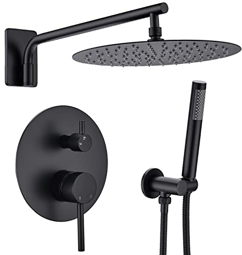 12 Inch Brass Shower System, Wall Mounted Concealed Shower Set with 30cm Round Rainfall Head and Handheld Shower, (Matte Black)