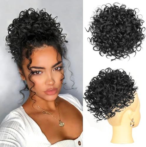 RONTAYA Messy Bun Hair Piece for Women, 10 Inch Curly Bun Hair Piece Loose Wave Synthetic Hair Extension, Elastic Drawstring Ponytail Fake Hair Bun for Daily Use (Black)