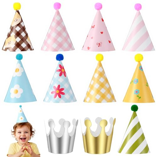 Mini festhattar födelsedagsset, 11 stycken färgglada partykonhattar, födelsedagshatt med elastiskt band, 9 konhattar med pompoms och 2 födelsedagskronor lämplig för gosedjur barn och vuxna (B)