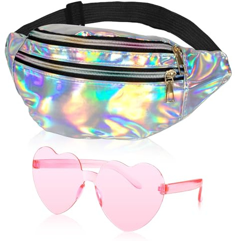 LQTSLFM Sac Banane Années 80 Fluo, Lunettes de Soleil de Coeur, Sac Banane Holographique, Lunettes Fun, Sacs Bananes à Paillettes, Tenue Années 80 90 Accessoires Femme pour Festival, Carnaval, Soirée