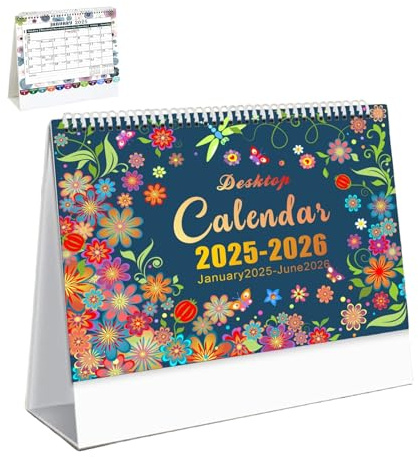 Calendario da tavolo 2025-2026,Calendario da tavolo floreale | mensile d'arte,Da gennaio 2025 a giugno 2026, calendario di pianificazione per la scuola a casa, decorazione da
