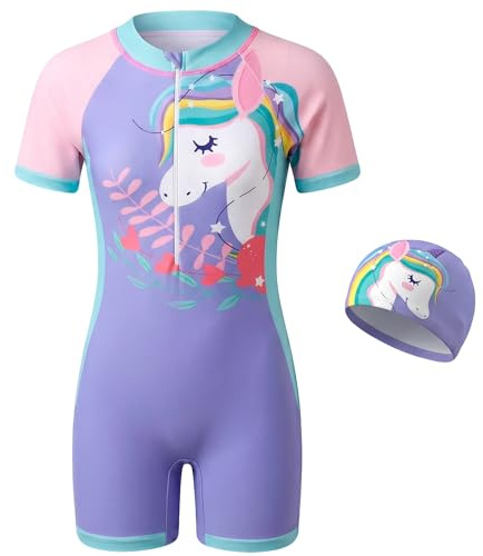 Tokeya Costume Intero Bambini con Cuffia, Ragazze Costume da Bagno a Maniche Corte con Cerniera Frontale Asciugatura Rapida Abbigliamento da Nuoto per Piscina Spiaggia Vacanza 8-9 Anni, Viola