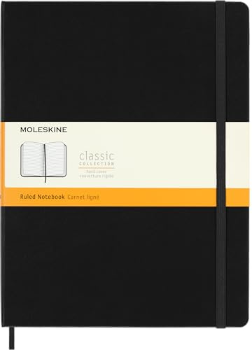 Moleskine Classic Ruled Paper Notebook, Hard Cover and Elastic Closure Journal, Color Black, Size Extra Large 19 x 25 cm, 192 Pages