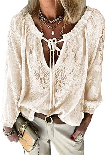 shownicer Femme Tunique Boho T-Shirt Chemise Chic Ete Casual Col V Manche Longue Dentelle Hauts Blouse Tee Shirt Plage Loose Chemisier Kaki L