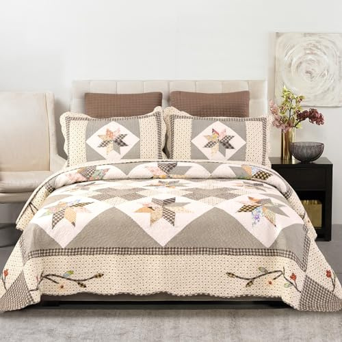 YAYIDAY YaYi - Juego de Colcha Estampada, tamaño Queen, 100% algodón, Colcha con Fundas de Almohada, Reversible, Patchwork, Acolchado, Juego de Ropa de Cama de 3 Piezas, Manta para Dormir para Todas