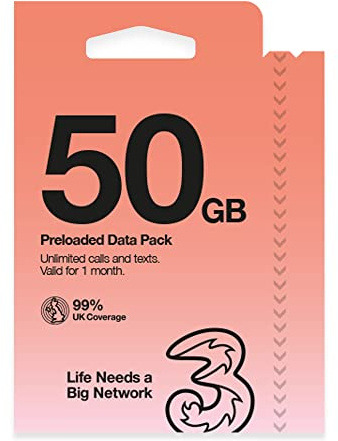 Three Mobile 50GB data pay as you go SIM
