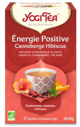YOGI TEA – Énergie Positive Canneberge Hibiscus Bio – Infusion Sans Caféine – Mélange de Maté, Canneberge, Hibiscus & Thé Noir – Bien-Être, Vitalité & Bonne Humeur – 17 Sachets