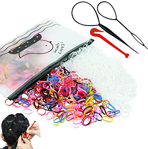 Hanyousheng 1000 Pcs Petit Elastique Cheveux, Mini Elastique Multicolore / Transparent Fille, Caoutchouc pour Cheveux Fins et Tressage, avec 2 Outil Queue de Cheval