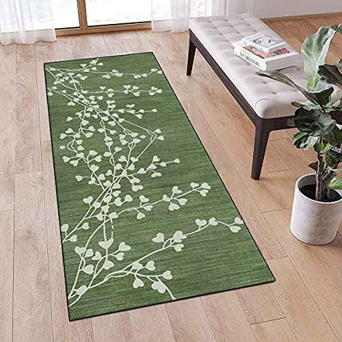 MONECER Teppichläufer rutschfest Meterware 60x100cm Grün Vintage Blatt Muster Dünner Waschbar Läufer Teppich Flur Schlafzimmer Korridor Küchenläufer Teppich Lang, Anpassbare Größe, 40-120cm Breit