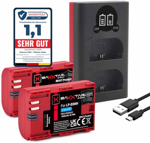 Baxxtar Set: 2X LP-E6NH MaxProtect batteri 2600mAh med laddare USB Dual LCD | Kompatibel med Canon EOS R5 R6 R6II R7 5D Mark I-IV 60D 70D 80D 90D XC10 XC15, Battery med NTC-Sensor & skyddsbox