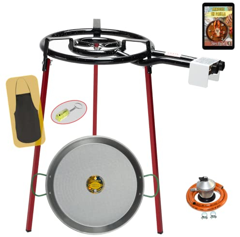 COMBOI - Kit Paellero-Quemador de gas butano 40 cm, paellera de 46 cm, Regulador de gas, Manguera, Soporte de 3 Patas, nivel, delantal, libro de recetas digital (Kit Paellero 40 cm)