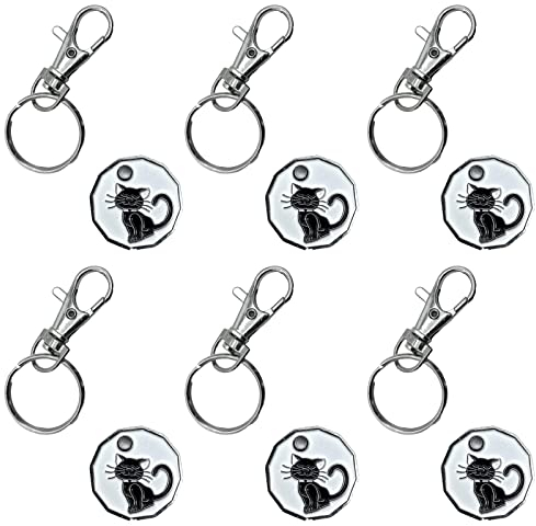 6Pc Shopping Trolley Token Keyring With £1 Pound Coin for Supermarket Cart and Locker - Black Cat Design