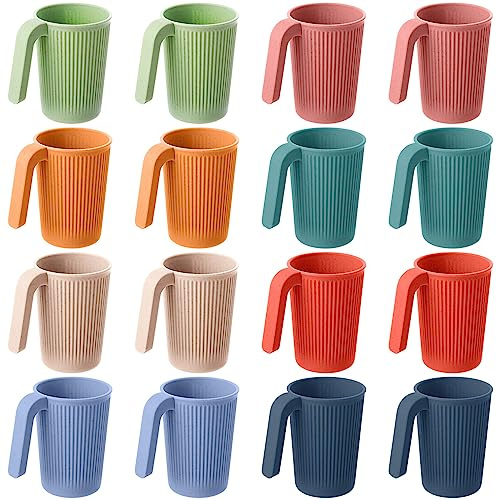 Dandat 16 Pcs Wheat Straw Cup with Handle Colorful Wheat Straw Mug Stackable Plastic Coffee Cups 12oz Unbreakable Reusable Plastic Coffee Mug Dishwasher Safe for Milk Tea,4.3x3 Inch (Light Color)