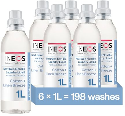 INEOS Non Bio Laundry Washing Liquid Detergent for Sensitive Skin, 198 Washes (6 x 1L) Stain Removal for Clothes, Plant Powered, Stress Relieving Fragrance, Vegan, Cruelty Free, Cotton + Linen Breeze