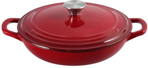 Flavehc Braiser Enameled Cast Iron Braiser 3 qt Braiser Pan with Lid Red Shallow Cast Iron Casserole Braiser Pan with Handels