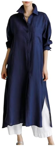 MINTLIMIT Women’s Linen Cotton Shirt Dress Long Button Down Tunic Top Casual Irregular Hem Loose Fit Cardigan Dress Navy Blue