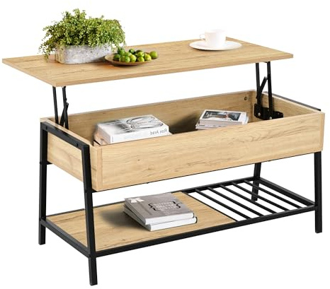 IDEPAR Couchtisch Nordik Lift – Eiche-Dekor | Höhenverstellbare Tischplatte mit Stauraum | Skandinavischer Couchtisch im Industrial Design | Wohnzimmertisch modern & funktional